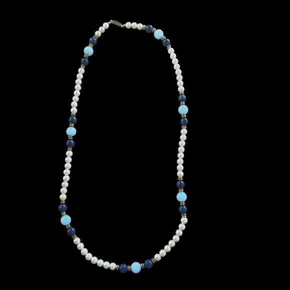 Ocean Sky Blue & Pearl Colored Glass Beaded Necklace Lapis Accents - Picture 6 of 7